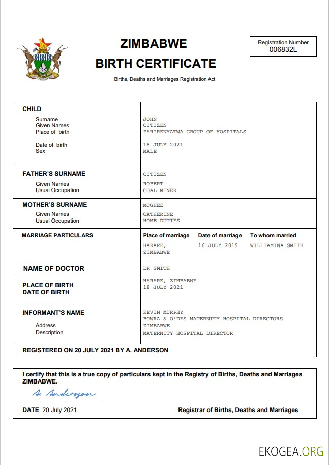 Modèle Word et PDF d'acte de naissance d'acte d'état civil du Zimbabwe